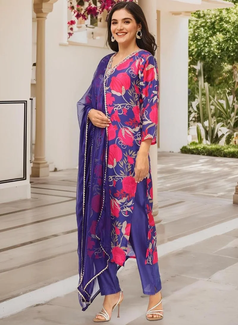 آي شين Women's Navy Polyester Blend Embellished Tunic Full Length Casual Straight Fit Kurta Set