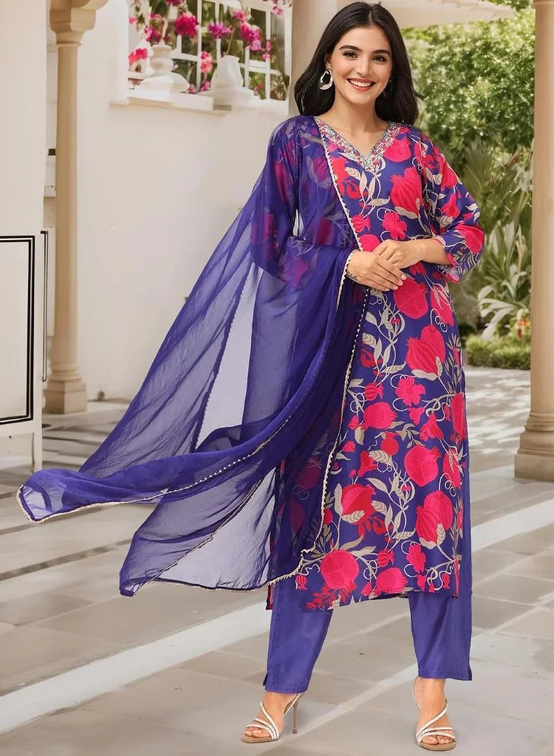 آي شين Women's Navy Polyester Blend Embellished Tunic Full Length Casual Straight Fit Kurta Set