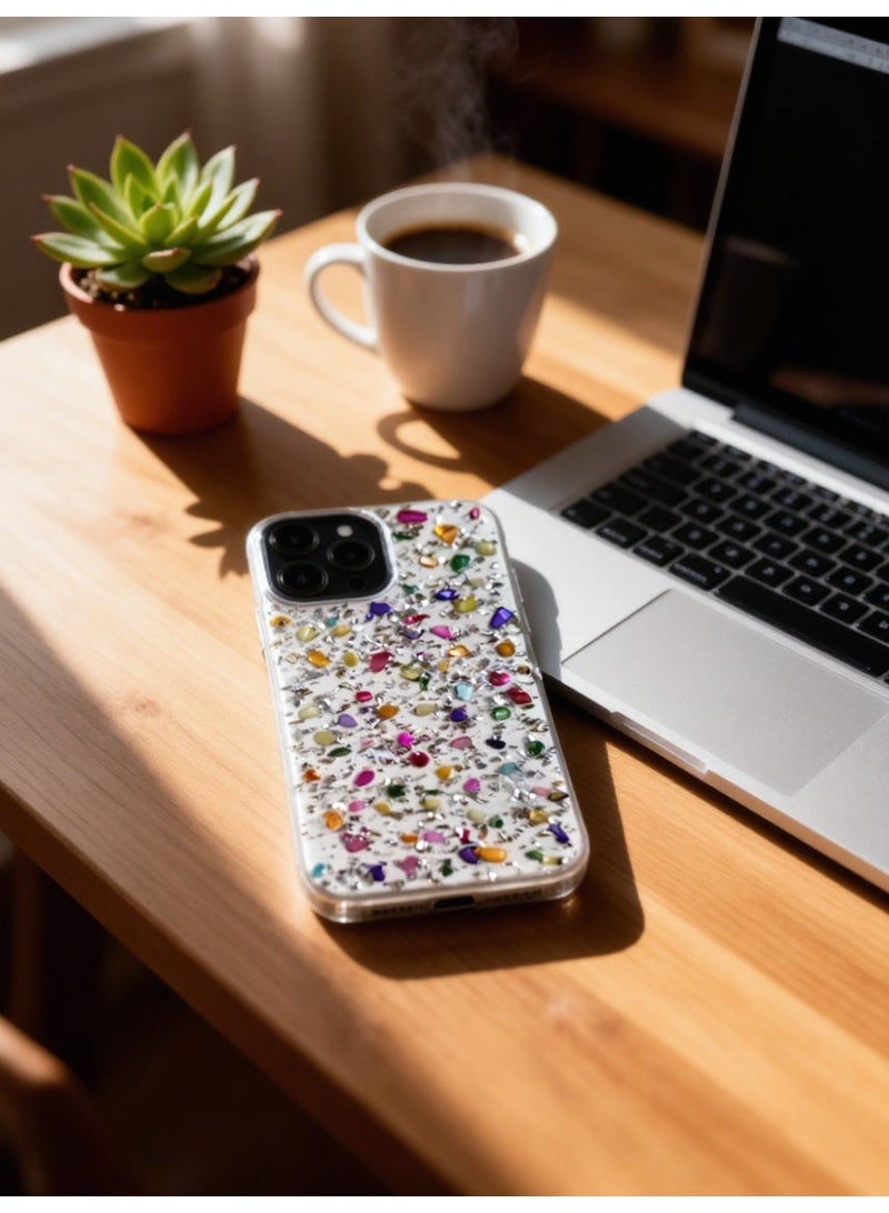 Lanex Clear Protective Back Case for iPhone 13 Pro Max (6.7") - Embedded Colorful Stones & Glitter Sparkle - Image 2