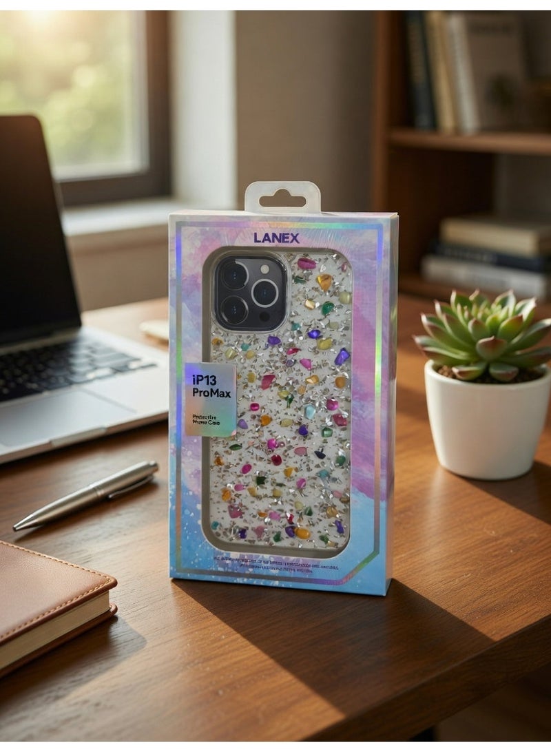 Lanex Clear Protective Back Case for iPhone 13 Pro Max (6.7") - Embedded Colorful Stones & Glitter Sparkle - Image 5