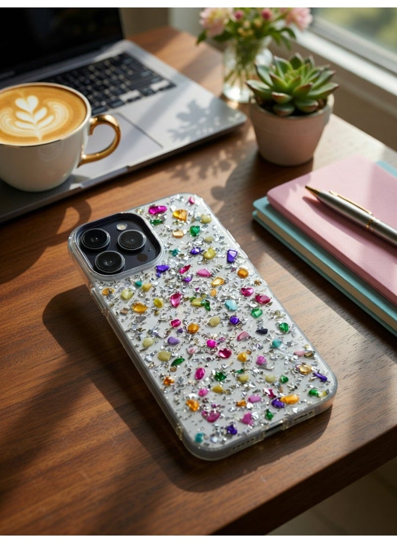 Lanex Clear Protective Back Case for iPhone 13 Pro Max (6.7") - Embedded Colorful Stones & Glitter Sparkle - Image 3