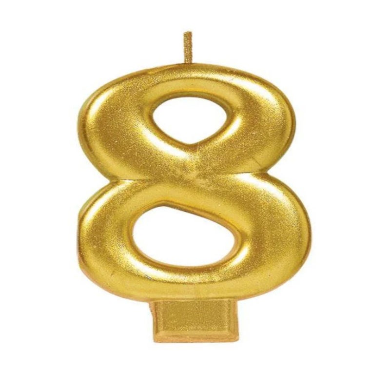 Amscan Birthday Celebration, Numeral #8 Metallic Candle, Party Supplies, Gold, 3 1/4 Inch - Image 1