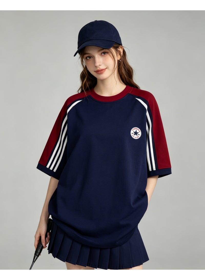 كونفرس CONVERSE retro striped raglan sleeves round neck T-shirt loose cover meat men and women street wind star badge short sleeve shirt - Image 5
