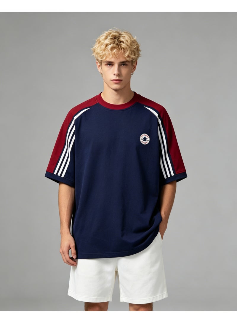 كونفرس CONVERSE retro striped raglan sleeves round neck T-shirt loose cover meat men and women street wind star badge short sleeve shirt - Image 1