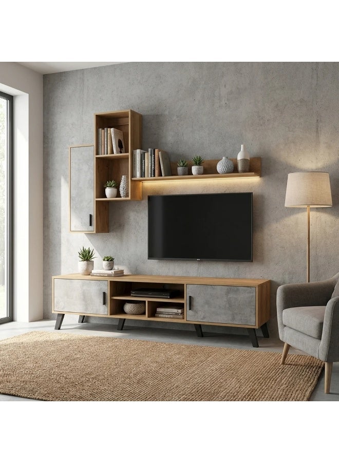 بيتي طاولة تلفزيون خشب 180 سم مع ستاند وأرفف جدارية - خشبي ورمادي - Image 1