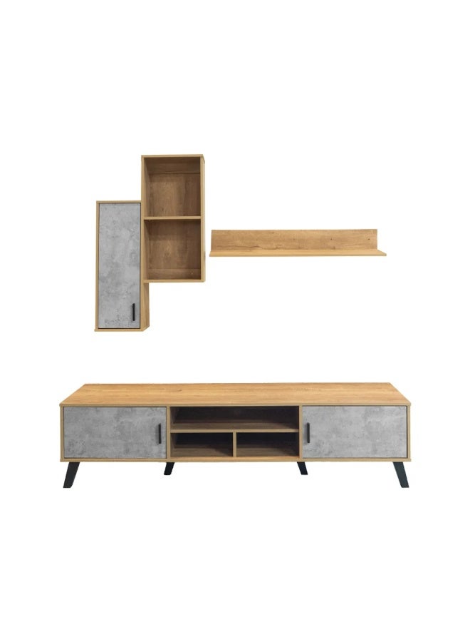 بيتي طاولة تلفزيون خشب 180 سم مع ستاند وأرفف جدارية - خشبي ورمادي - Image 5