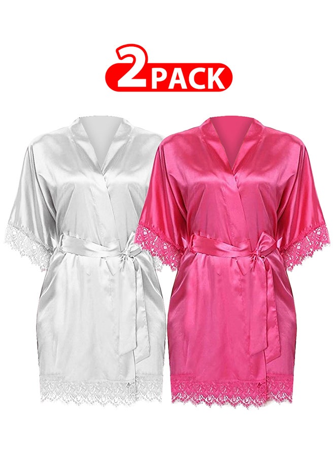 MARGOUN 2 Pack XXL Size Women Satin Robe Belted Silky Robe Sleepwear Bridal Robe Kimono Lace Sleeve Nightgown /XXL(bust:92-96/waist:76-80) - Image 1