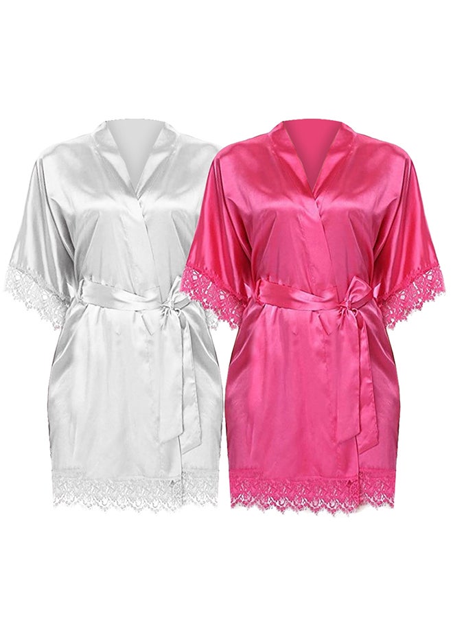 MARGOUN 2 Pack XXL Size Women Satin Robe Belted Silky Robe Sleepwear Bridal Robe Kimono Lace Sleeve Nightgown /XXL(bust:92-96/waist:76-80) - Image 3