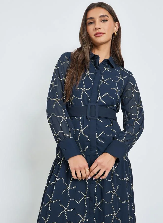 Styli Blue Sequined Belted Maxi Dress