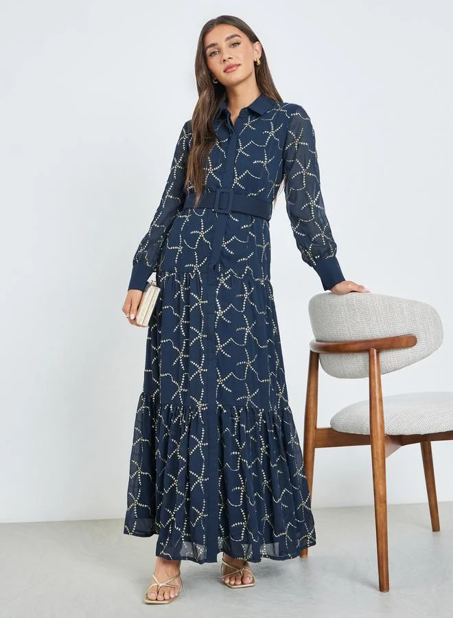 Styli Blue Sequined Belted Maxi Dress