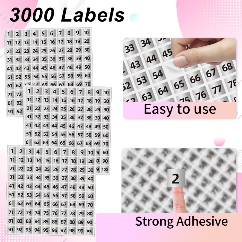 STARLIBOO 1 to 100 Consecutive Number Stickers, 0.4 inch Square Small Number Stickers Labels for Inventory, Storage, Organizing, Boxes, Bins, Toolbox, Locker (3000 Labels, Matte Silver) - Image 2