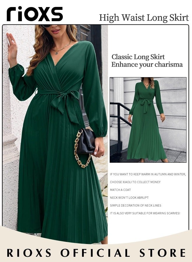 RIOXS Women's Dresses,Casual Long Sleeve Maxi Dress,Ladies V-Neck Fall Dress With Belted,Relaxed Fit Flowy Maxi Dresses, A-Line Wrap Dress For Party/Wedding/Feast/Business/Daily Wear  - Image 5