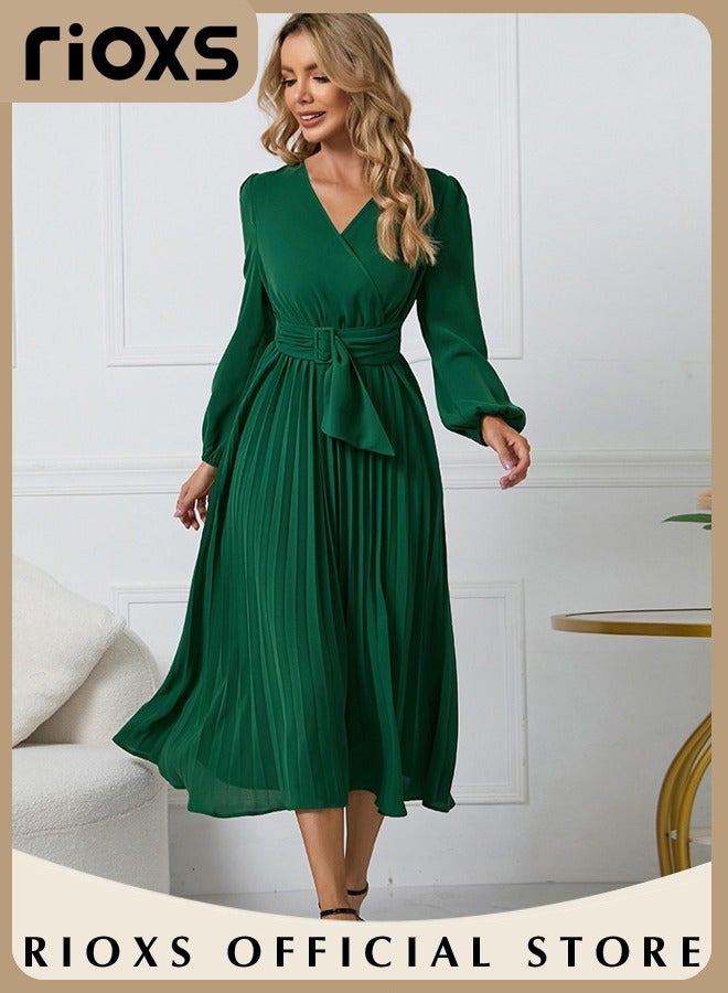 RIOXS Women's Dresses,Casual Long Sleeve Maxi Dress,Ladies V-Neck Fall Dress With Belted,Relaxed Fit Flowy Maxi Dresses, A-Line Wrap Dress For Party/Wedding/Feast/Business/Daily Wear  - Image 2
