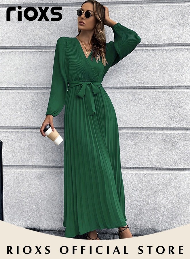 RIOXS Women's Dresses,Casual Long Sleeve Maxi Dress,Ladies V-Neck Fall Dress With Belted,Relaxed Fit Flowy Maxi Dresses, A-Line Wrap Dress For Party/Wedding/Feast/Business/Daily Wear  - Image 3