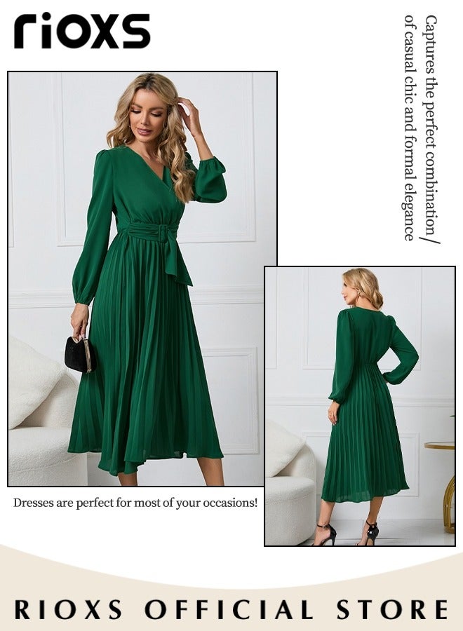 RIOXS Women's Dresses,Casual Long Sleeve Maxi Dress,Ladies V-Neck Fall Dress With Belted,Relaxed Fit Flowy Maxi Dresses, A-Line Wrap Dress For Party/Wedding/Feast/Business/Daily Wear  - Image 4
