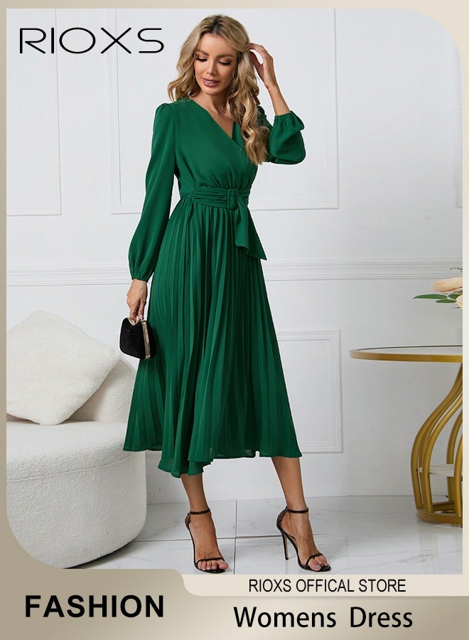 RIOXS Women's Dresses,Casual Long Sleeve Maxi Dress,Ladies V-Neck Fall Dress With Belted,Relaxed Fit Flowy Maxi Dresses, A-Line Wrap Dress For Party/Wedding/Feast/Business/Daily Wear  - Image 1