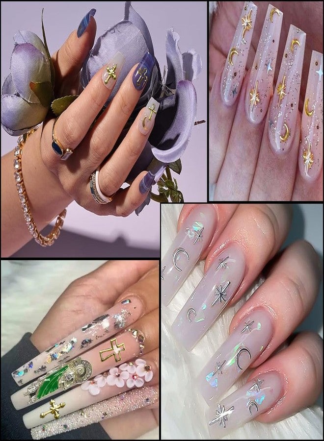 KACHIMOO 2 Boxes 3D Cross Nail Charms Gold Star Nail Gems Vintage Punk Metal Alloy Gold Silver Cross Star Nail Decorations for Gel Polish Supplies Accessories - Image 5