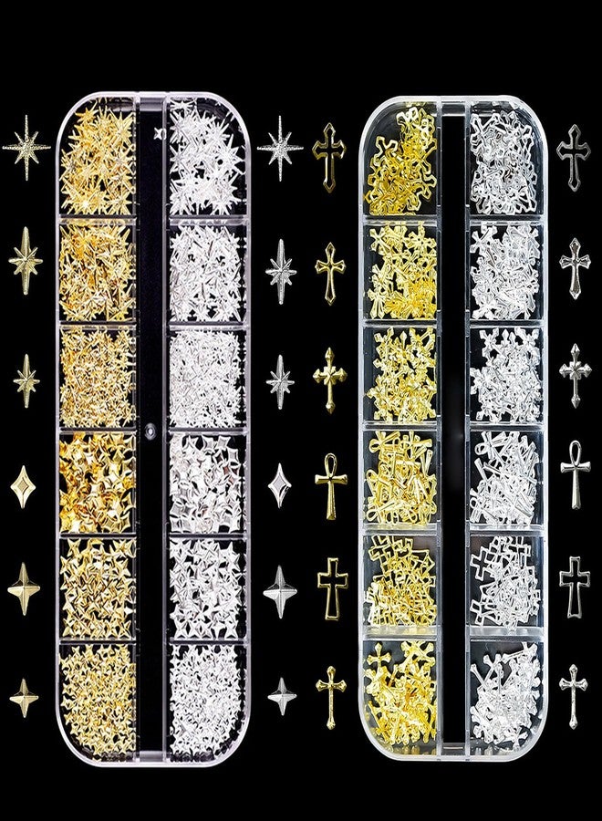 KACHIMOO 2 Boxes 3D Cross Nail Charms Gold Star Nail Gems Vintage Punk Metal Alloy Gold Silver Cross Star Nail Decorations for Gel Polish Supplies Accessories - Image 1