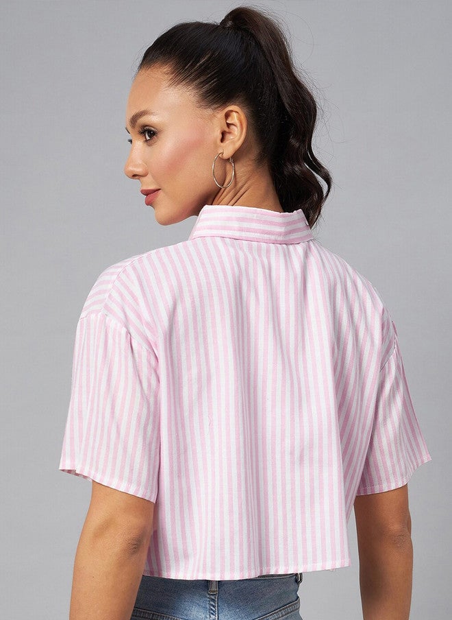 CHIMPAAANZEE Vertical Striped Drop-Shoulder Sleeves Relaxed Crop Shirt - Image 3