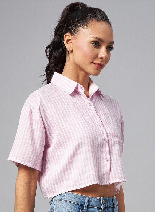 CHIMPAAANZEE Vertical Striped Drop-Shoulder Sleeves Relaxed Crop Shirt - Image 1