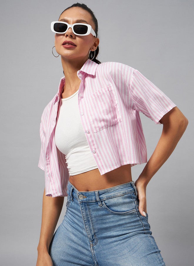 CHIMPAAANZEE Vertical Striped Drop-Shoulder Sleeves Relaxed Crop Shirt - Image 5
