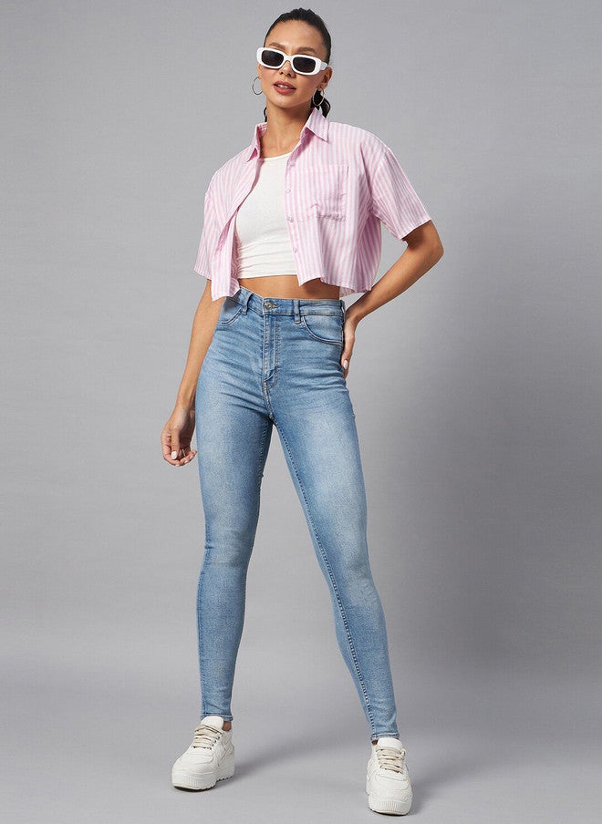 CHIMPAAANZEE Vertical Striped Drop-Shoulder Sleeves Relaxed Crop Shirt - Image 4
