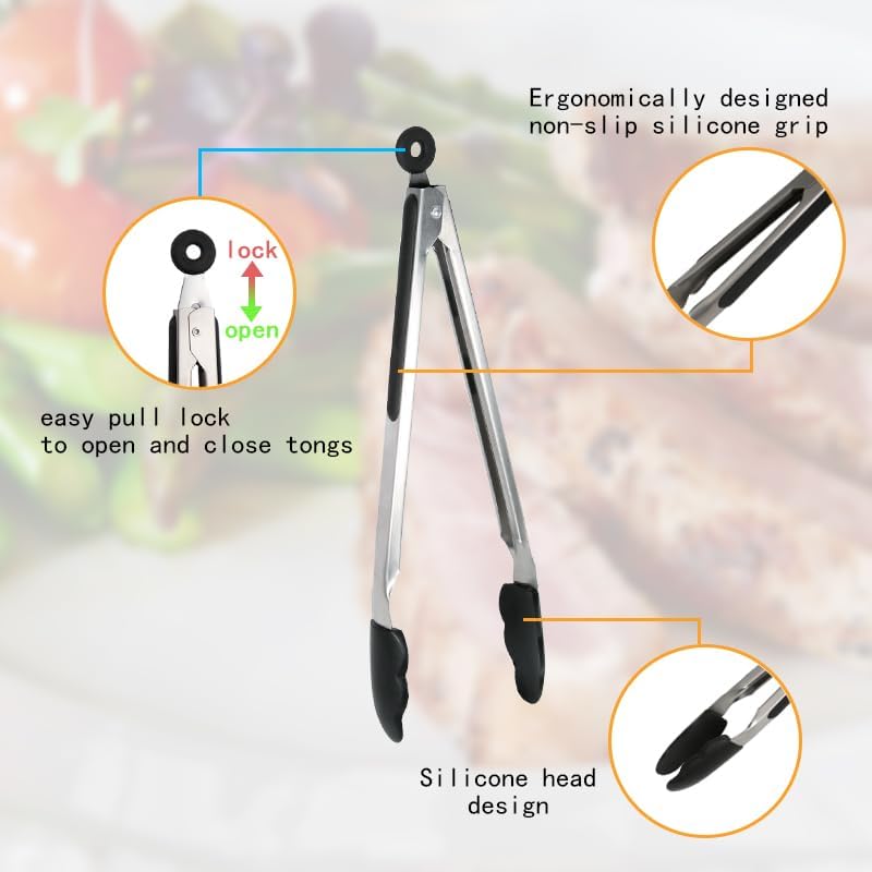 GreatChef Food Tongs for Kitchen Cooking, Silicone Tips Set 2-9 & 12 Inch Heavy Duty, Good for Grilling, Frying, Barbecue, Stirring, Serving at Home or Outdoor - Image 3