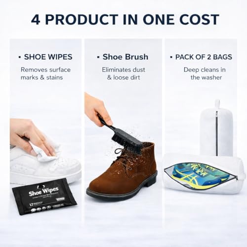 PulGos Pack-2 Shoe Washing Machine Bag – 3-in-1 Cleaning Solution with Multipurpose Brush & Quick Cleaning Wipes, Reusable Laundry Shoes Bag for Washer & Dryer, Durable Zipper, 360° Deep Cleaning - Image 5