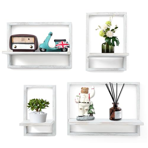 PHOENANCEE Square Floating Shelves,Framed Wall Shelf Decorative Set of 4,Modern Plants Hanging Display Art Decor Storage for Livingroom Bedroom Bathroom Farmhouse,Home Light Wood,Rustic White - Image 1