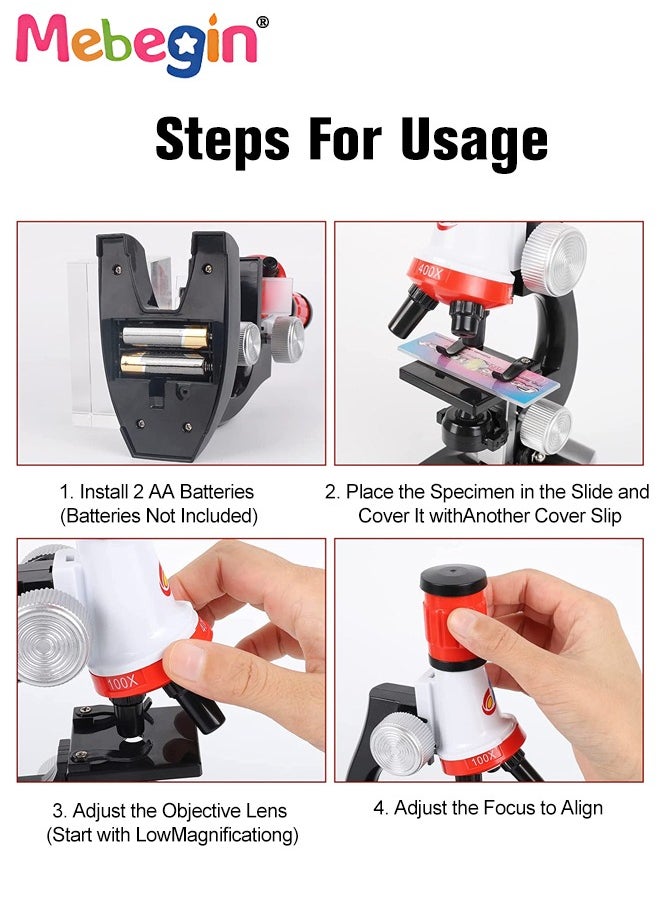 MEBEGIN 10 Pcs Microscope Kit, Beginner Metal Microscope Kit with 4 Pcs Microscope Slides, Complete Science Kit, Laboratory and Esperiment Kit with 1200X Microscope, Educational and Scientific Toys for Kids Aged 8+, 2 AA Batteries Required(Not Included), 7*13*22cm  - Image 3
