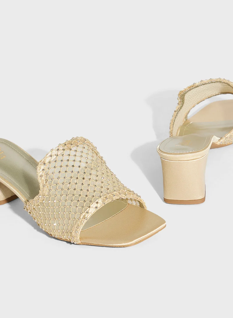 Ella Limited Edition Block Heel Mesh Diamante Mule Sandal