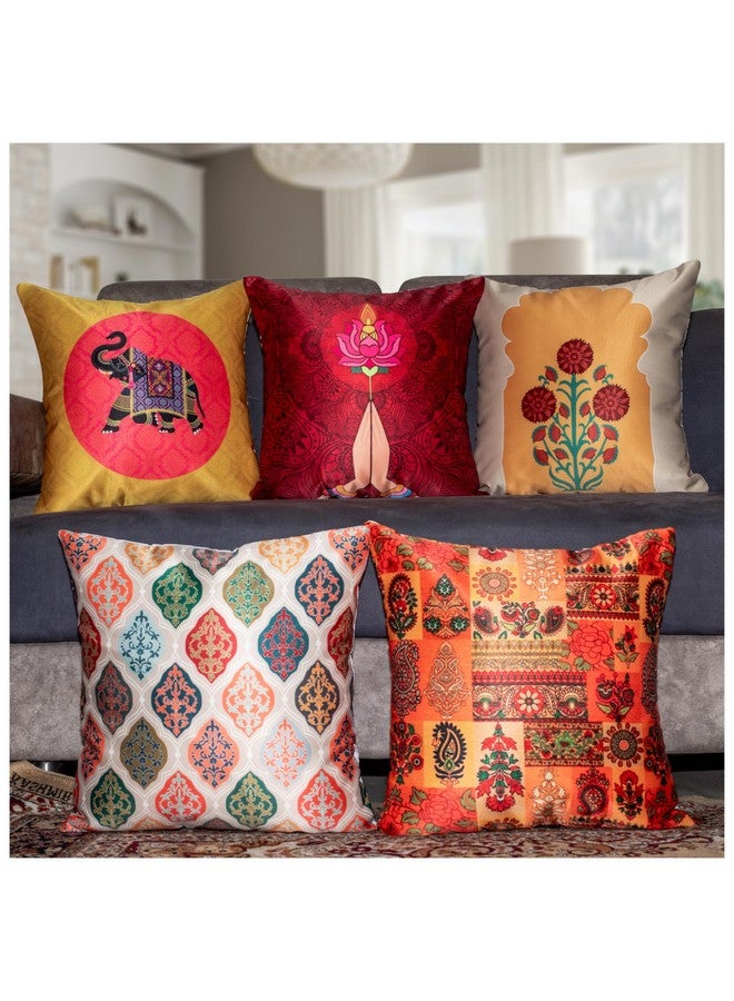 Vendola Decorative Satin 250TC Sofa Cushion Pillow Covers, Multicolor, Set of 5 Ethnic Cushion Covers(Namaskar,20x20 Inches) - Image 1