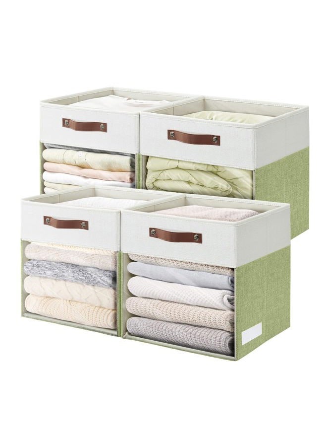 Bagnizer Storage Cubes with Clear Window Linen Fabric Collapsible Storage Bins with Handles 13 x 13 Inch Foldable Boxes for Shelf Closet 4 Pack, Green and White - Image 1