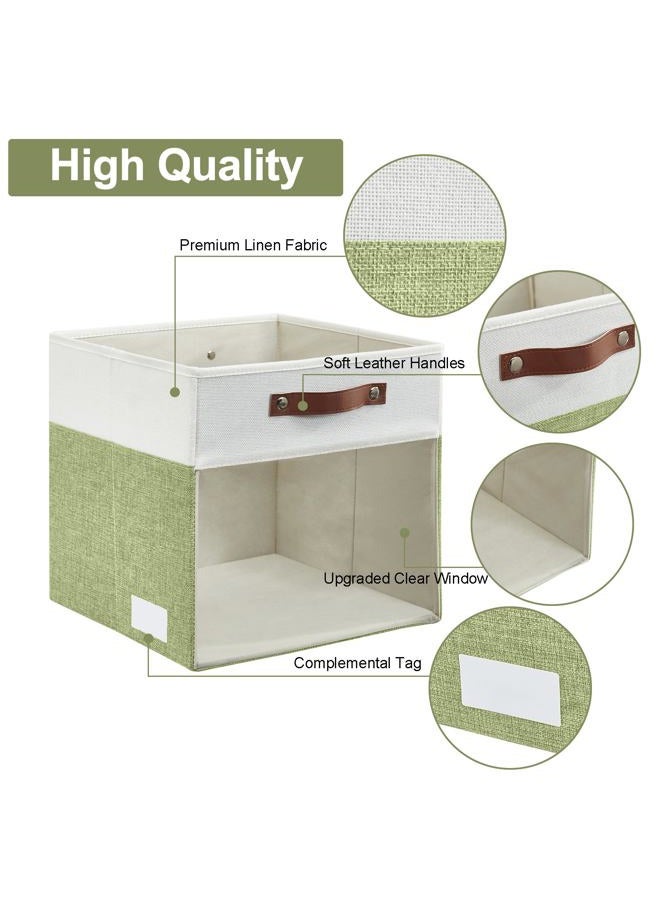 Bagnizer Storage Cubes with Clear Window Linen Fabric Collapsible Storage Bins with Handles 13 x 13 Inch Foldable Boxes for Shelf Closet 4 Pack, Green and White - Image 4
