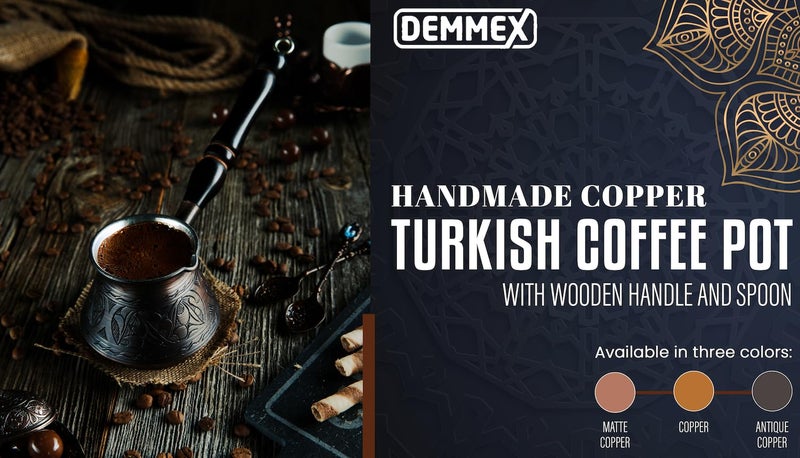 DEMMEX إبريق القهوة التركي اليوناني العربي من ديمكس، أثخن إبريق قهوة نحاسي، صانع قهوة على الموقد، جازوي إيبريك بريكي مع مقبض خشبي وملعقة، محفور يدويًا (نحاس عتيق، 9 أونصات) - Image 2