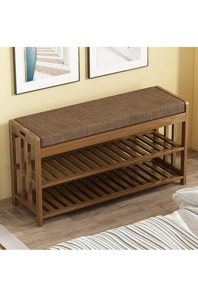 LINGWEI Bamboo Shoe Rack Shoe Bench With Lift Up Bench Top And Seat Cushion Beige - Image 1