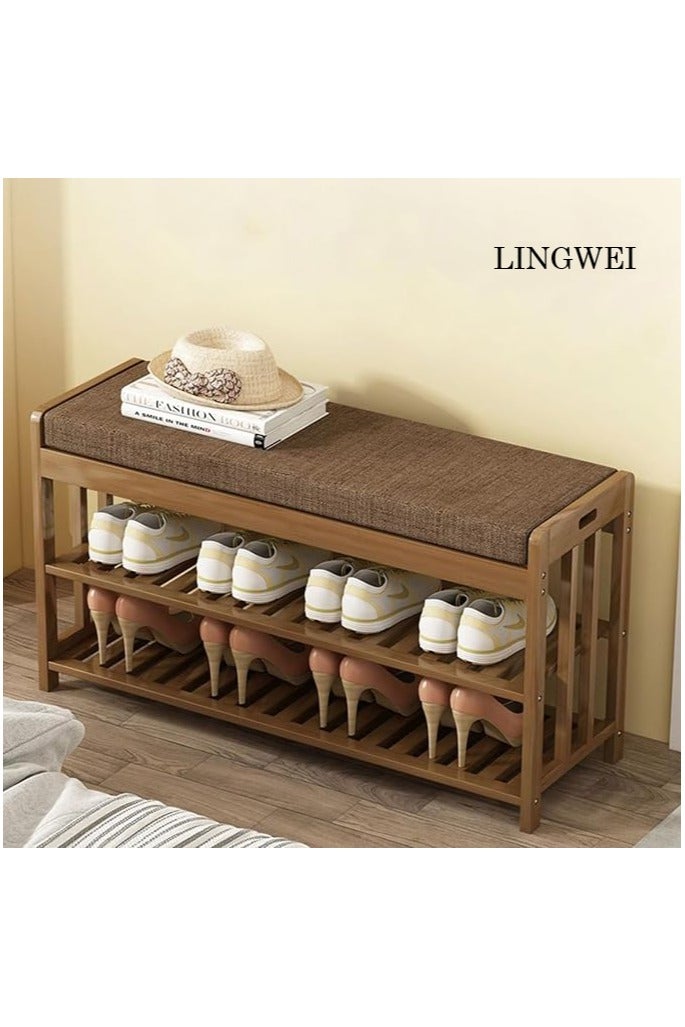 LINGWEI Bamboo Shoe Rack Shoe Bench With Lift Up Bench Top And Seat Cushion Beige - Image 2