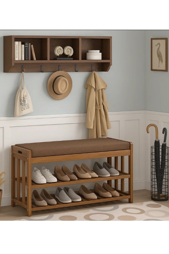 LINGWEI Bamboo Shoe Rack Shoe Bench With Lift Up Bench Top And Seat Cushion Beige - Image 4