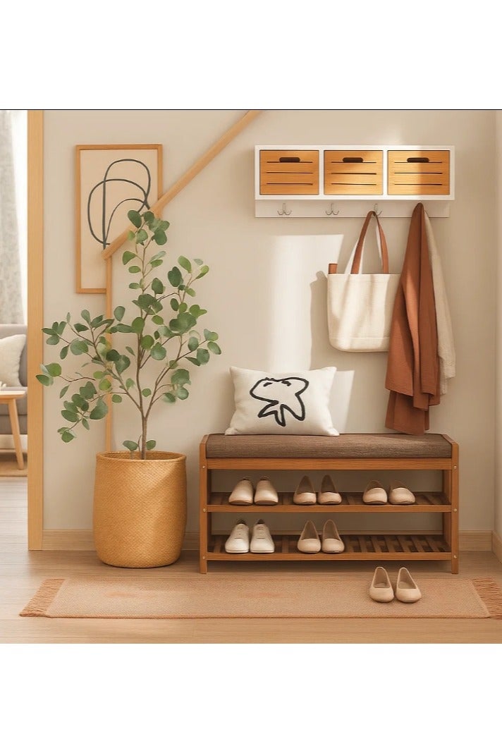 LINGWEI Bamboo Shoe Rack Shoe Bench With Lift Up Bench Top And Seat Cushion Beige - Image 5