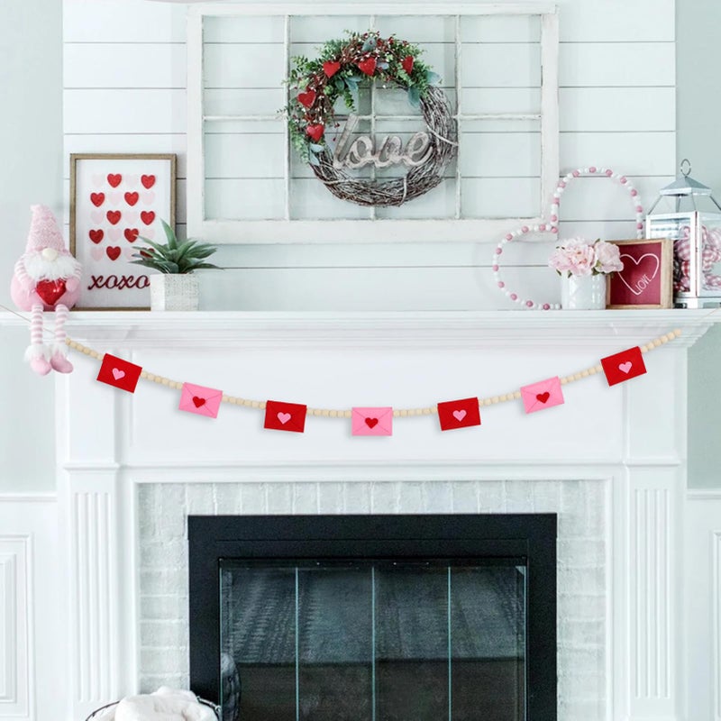 DAZONGE Retro Valentines Day Decor, Felt Envelope Wood Bead Valentines Garland Banner, Valentineâ€™s Day Banner for Wedding, Anniversary Decor - Image 2