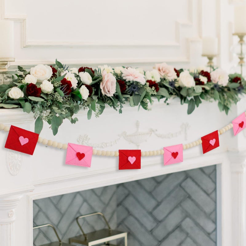 DAZONGE Retro Valentines Day Decor, Felt Envelope Wood Bead Valentines Garland Banner, Valentineâ€™s Day Banner for Wedding, Anniversary Decor - Image 1