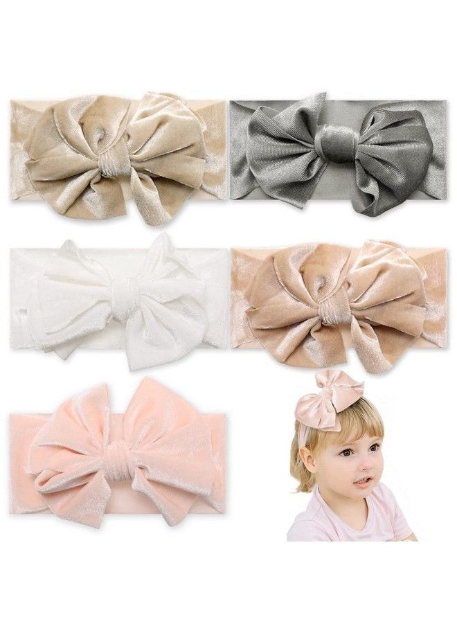 Whaline 5Pcs Baby Girl Velvet Bow Headband White Pink Khaki Grey Orange Toddler Bows Colorful Stretchy Turban Head Wrap Hair Bow Elastics For Baby Girls Newborn Toddler Infant Hair Accessories  - Image 1