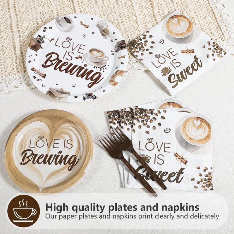 Grencian Love is Brewing Bridal Shower Decorations - 96Pcs Coffee Themed Bridal Shower Love is Brewing Plates and Napkins Disposable Tableware for Girls Wedding Engagement Party Decorations Serve 24 - Image 3