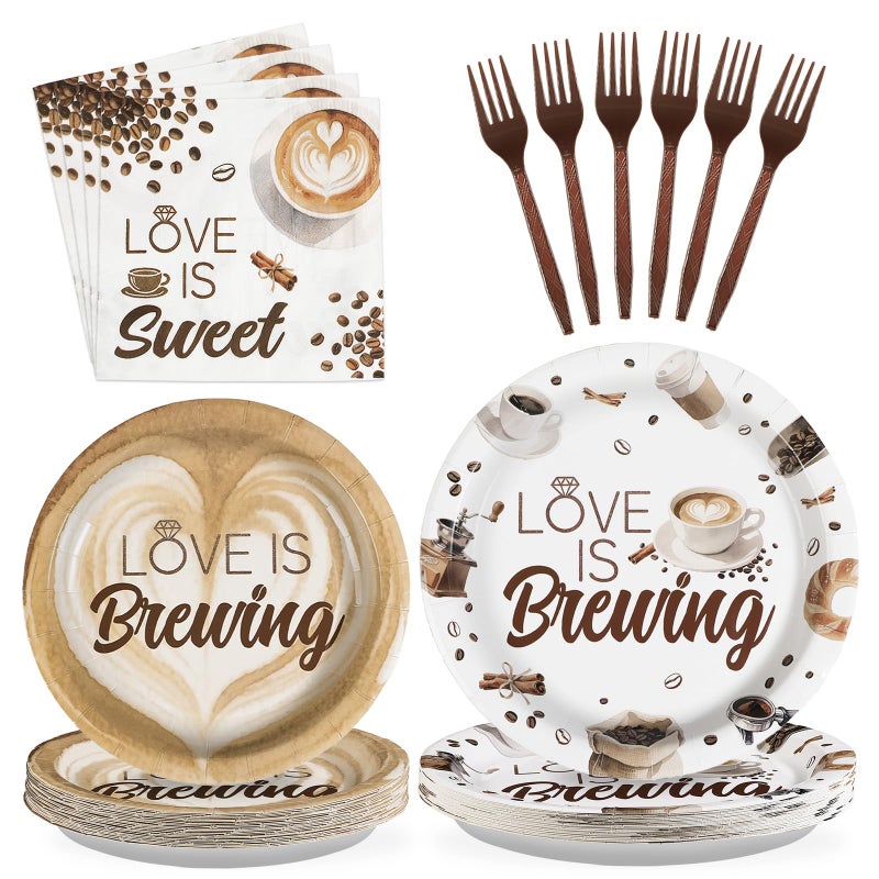 Grencian Love is Brewing Bridal Shower Decorations - 96Pcs Coffee Themed Bridal Shower Love is Brewing Plates and Napkins Disposable Tableware for Girls Wedding Engagement Party Decorations Serve 24 - Image 1