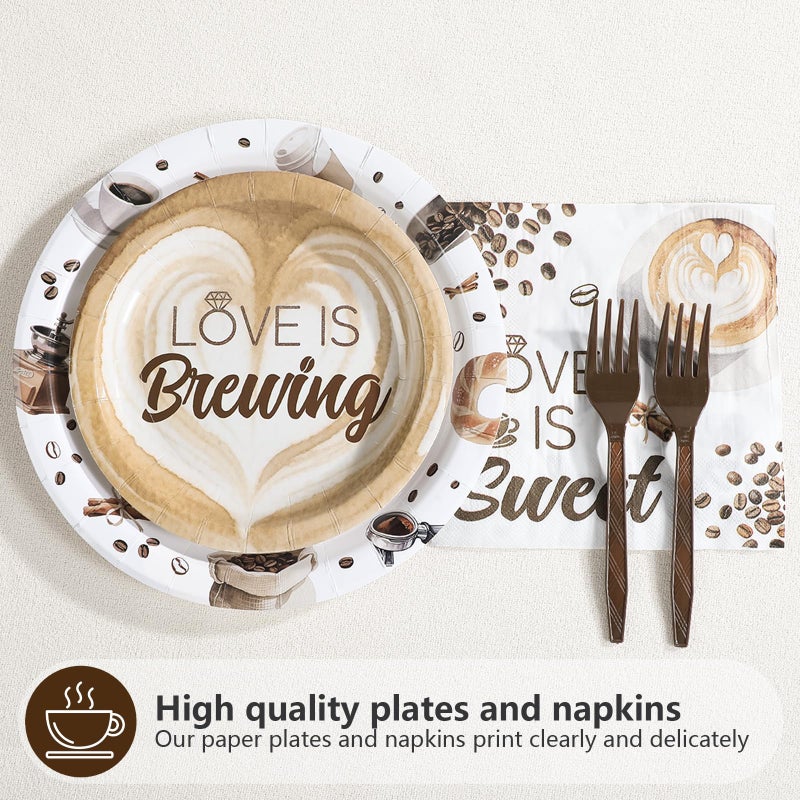 Grencian Love is Brewing Bridal Shower Decorations - 96Pcs Coffee Themed Bridal Shower Love is Brewing Plates and Napkins Disposable Tableware for Girls Wedding Engagement Party Decorations Serve 24 - Image 5