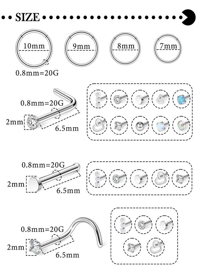 Hoeudjo Hinged Nose Rings Hoop Surgical Steel Cubic Zirconia Nose Studs Kit for Women Men Tiny Nose Stud Screw & Bone & L Shaped Nostril Rings Piercing Jewelry 20 Gauge 24 Pieces - Image 2