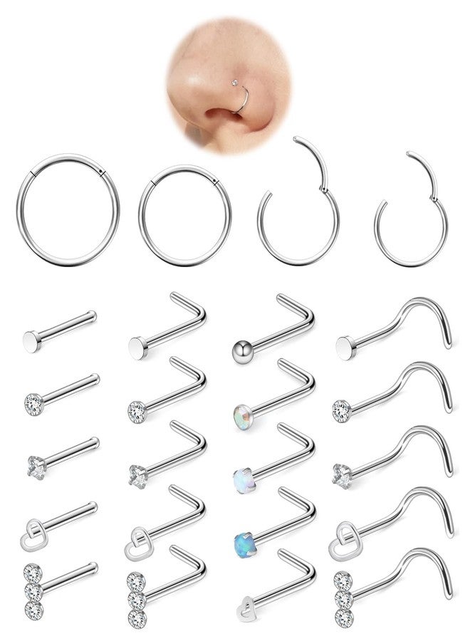 Hoeudjo Hinged Nose Rings Hoop Surgical Steel Cubic Zirconia Nose Studs Kit for Women Men Tiny Nose Stud Screw & Bone & L Shaped Nostril Rings Piercing Jewelry 20 Gauge 24 Pieces - Image 1