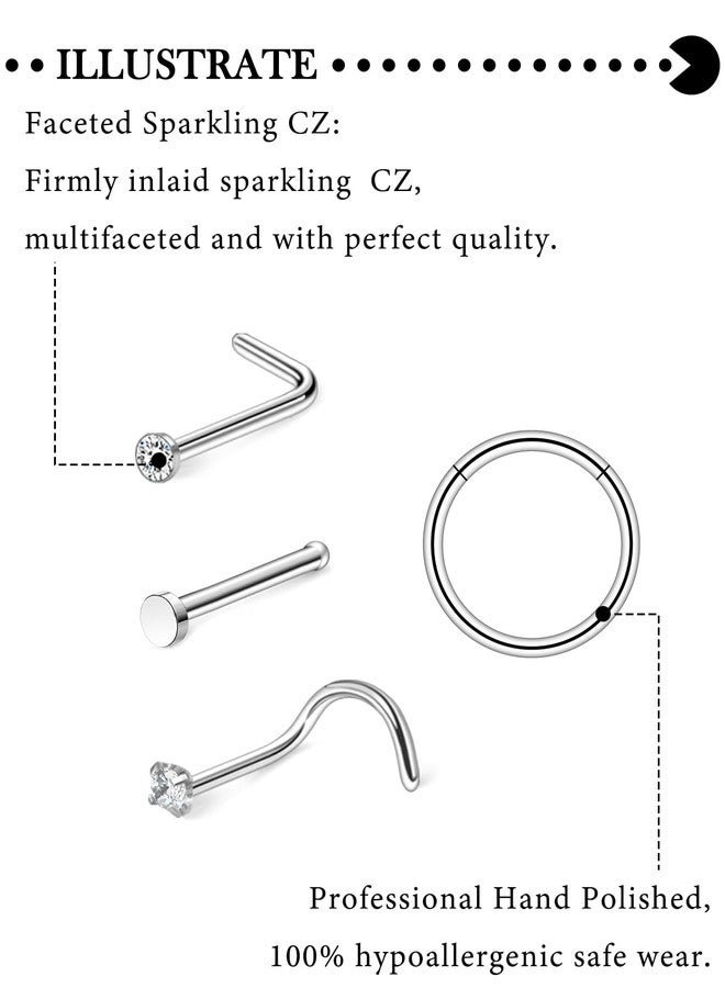 Hoeudjo Hinged Nose Rings Hoop Surgical Steel Cubic Zirconia Nose Studs Kit for Women Men Tiny Nose Stud Screw & Bone & L Shaped Nostril Rings Piercing Jewelry 20 Gauge 24 Pieces - Image 3