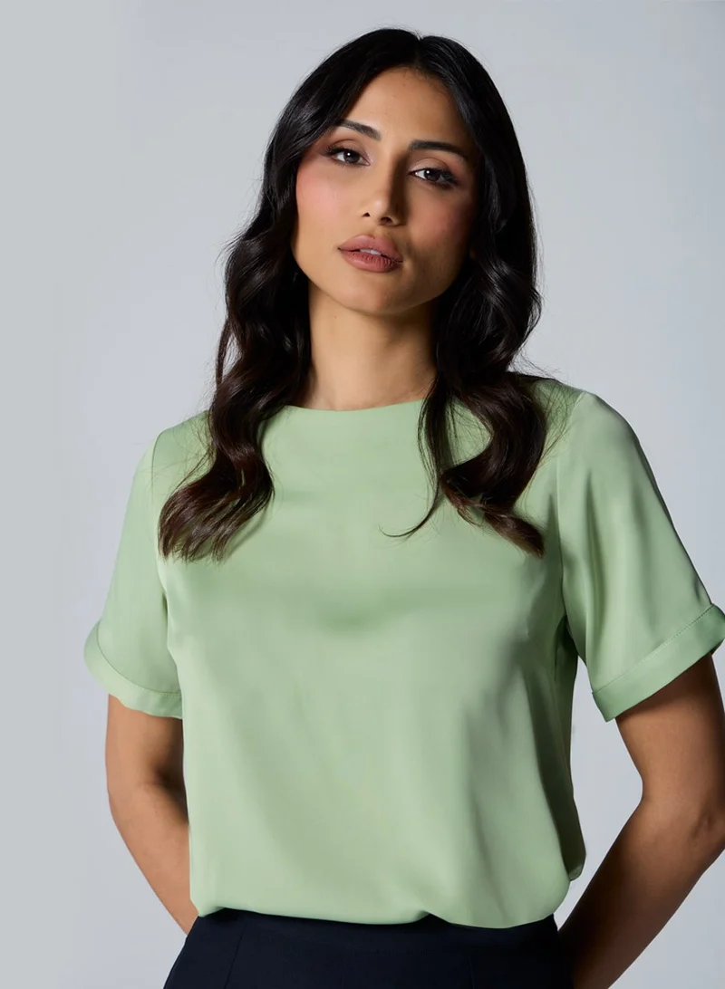 Zigzag Sleeve Extended Satin Green Top