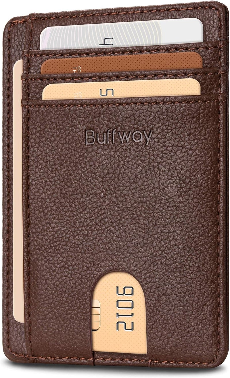 Buffway Slim Minimalist Front Pocket RFID Blocking Leather Wallets for Men and Women - Lichee Coffee - Image 1